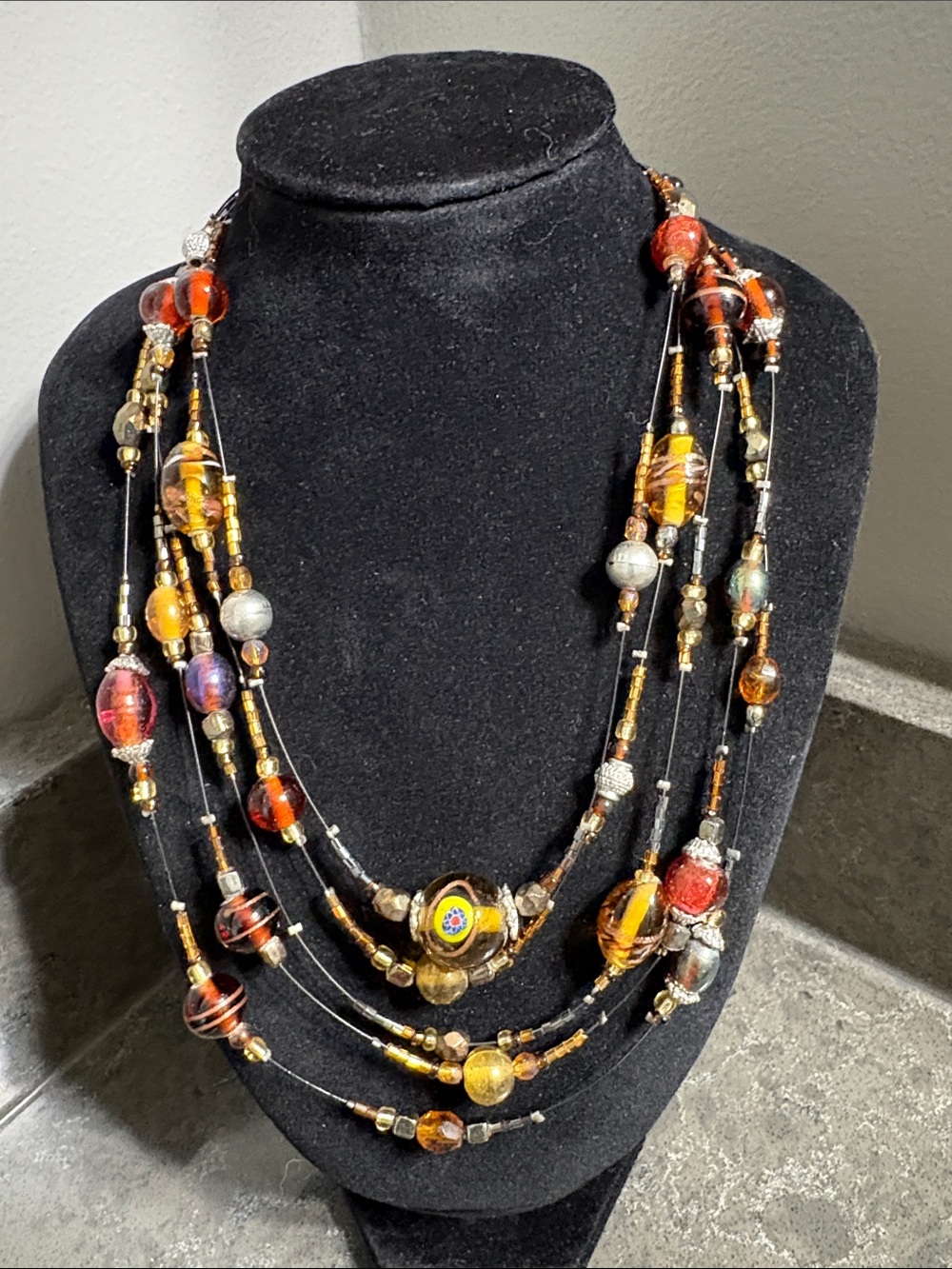 Tabi Multistrand Art Glass Bead Statement Necklace in Amber, Red & Gold Tones